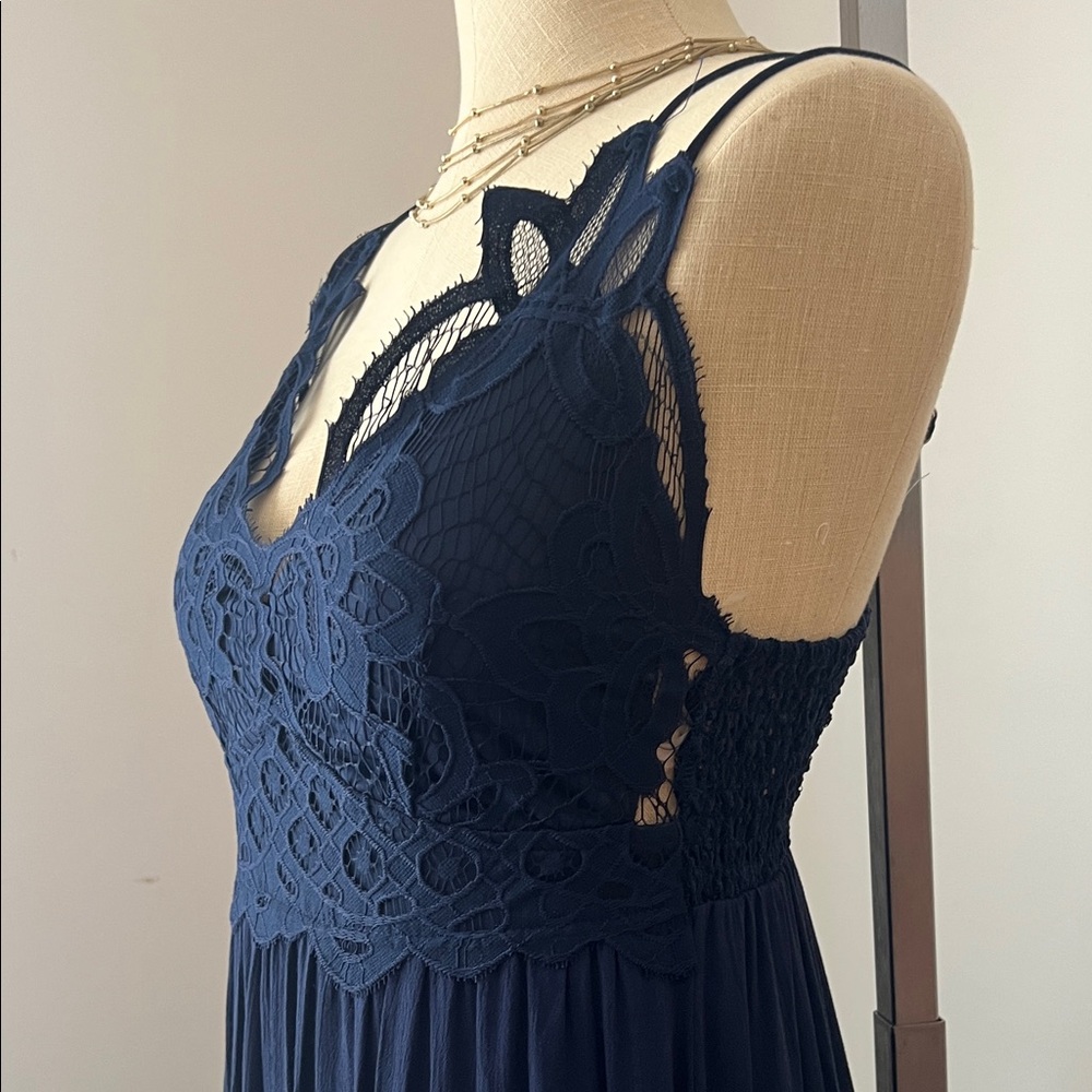 Francesca's Navy Smocked Lace Maxi Dress